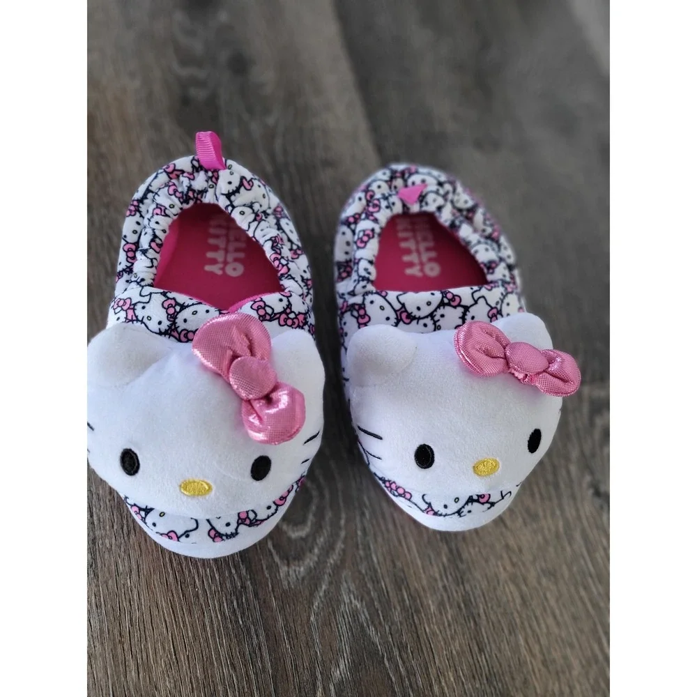 Hello Kitty Slippers Toddler Girls Size 11-12‎ White Pink Bow Plush Cozy #4